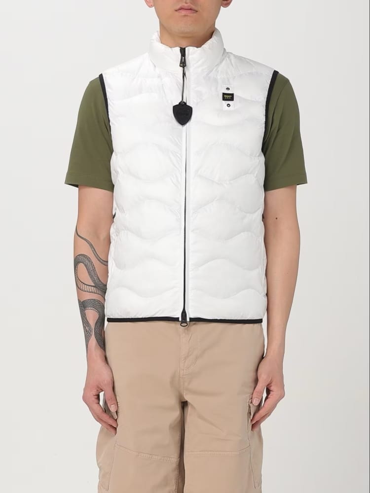 Blauer giubbotto bianco uomo smanicato a onde logo sul petto dettaglio logo