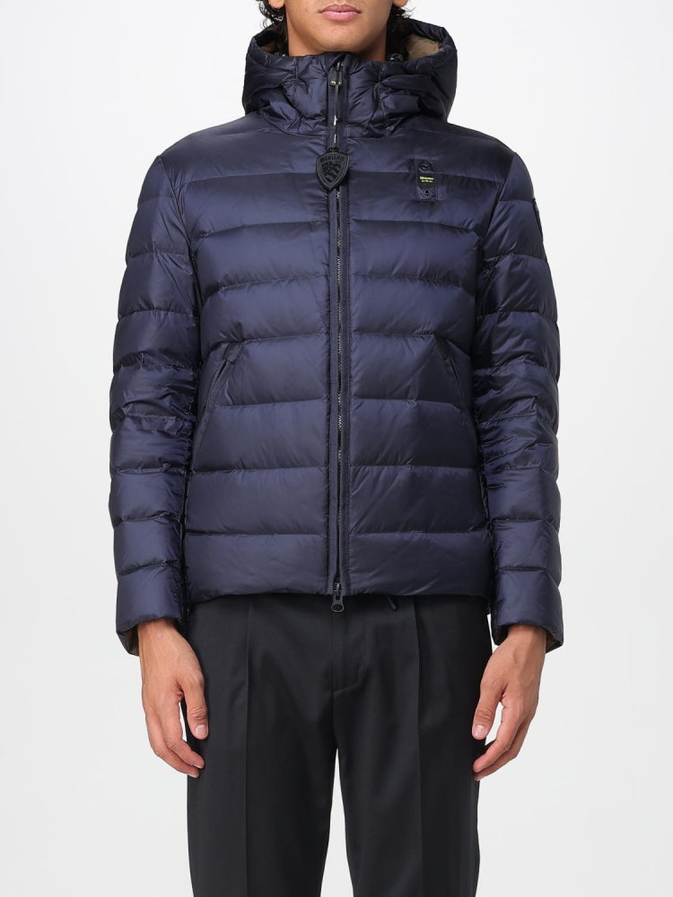 Blauer giubbotto blu navy uomo con cappuccio patch logo sul braccio