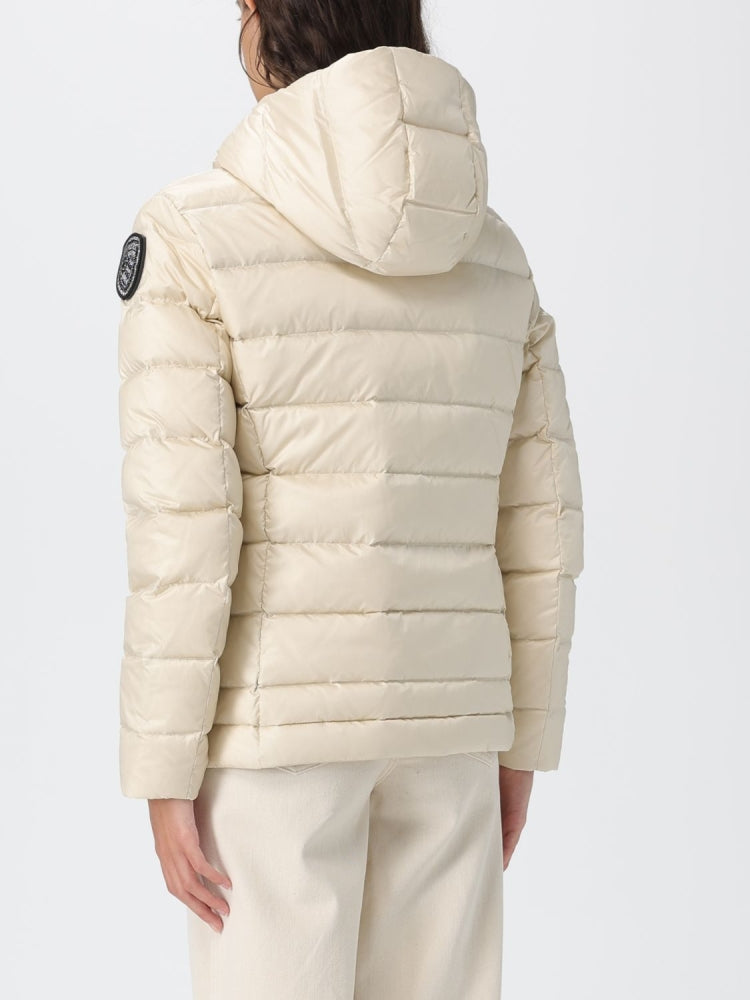 Blauer giubbotto crema donna con cappuccio patch logo sul braccio con strass dettaglio logo