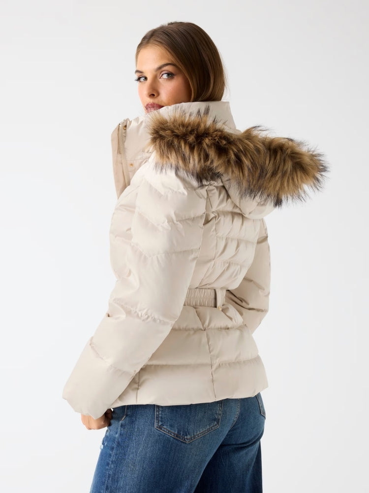 Guess giubbotto ecru donna con cappuccio e pelliccia cintura in vita con logo