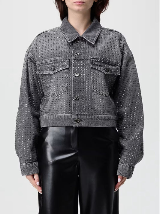 Liujo giubbotto grigio donna in denim strass all over bottoni con logo