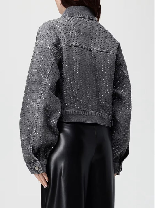 Liujo giubbotto grigio donna in denim strass all over bottoni con logo