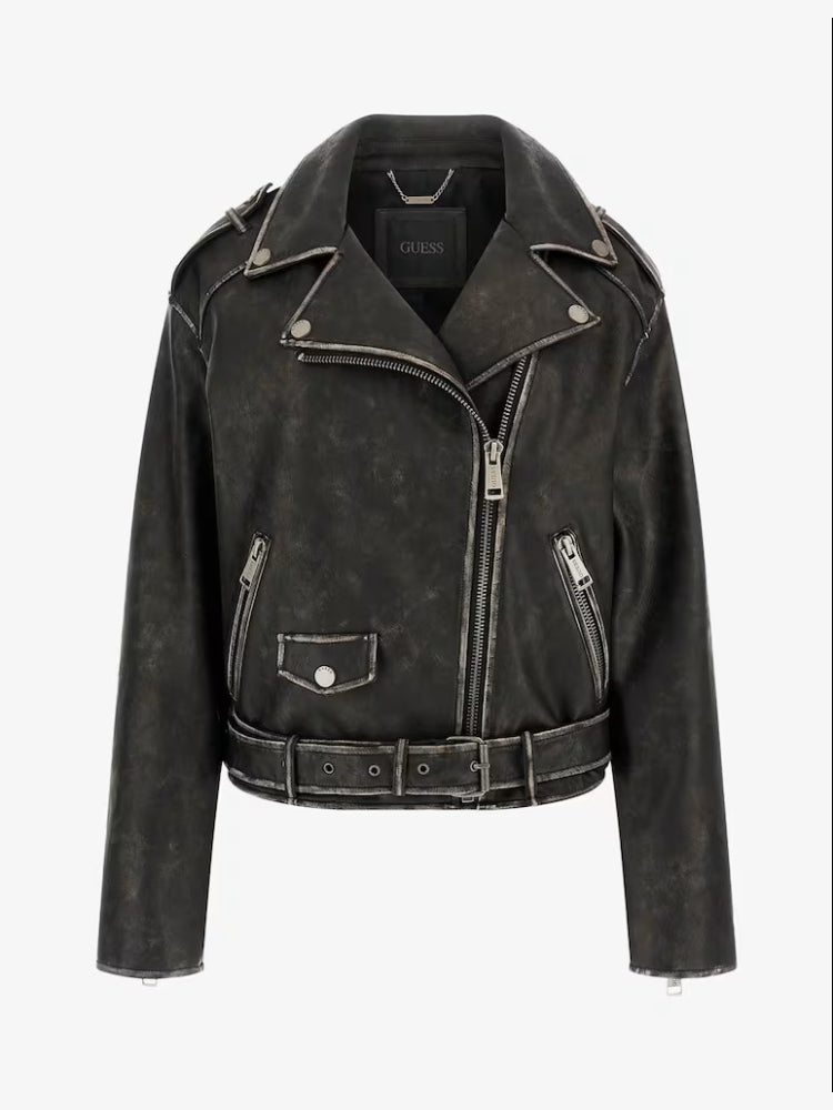 Guess giubbotto grigio scuro donna in ecopelle bottoni con logo dettaglio logo