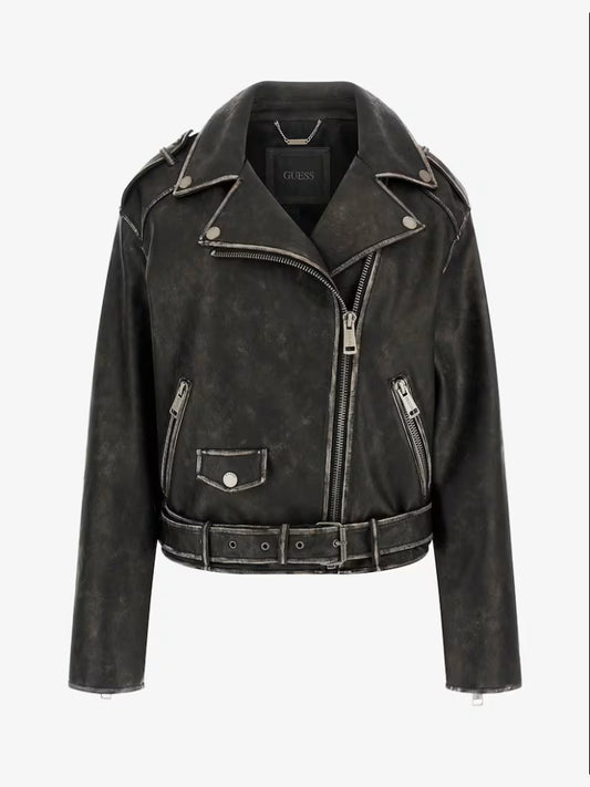 Guess giubbotto grigio scuro donna in ecopelle bottoni con logo