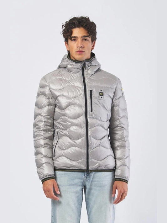 Blauer giubbotto grigio uomo con cappuccio logo sul braccio