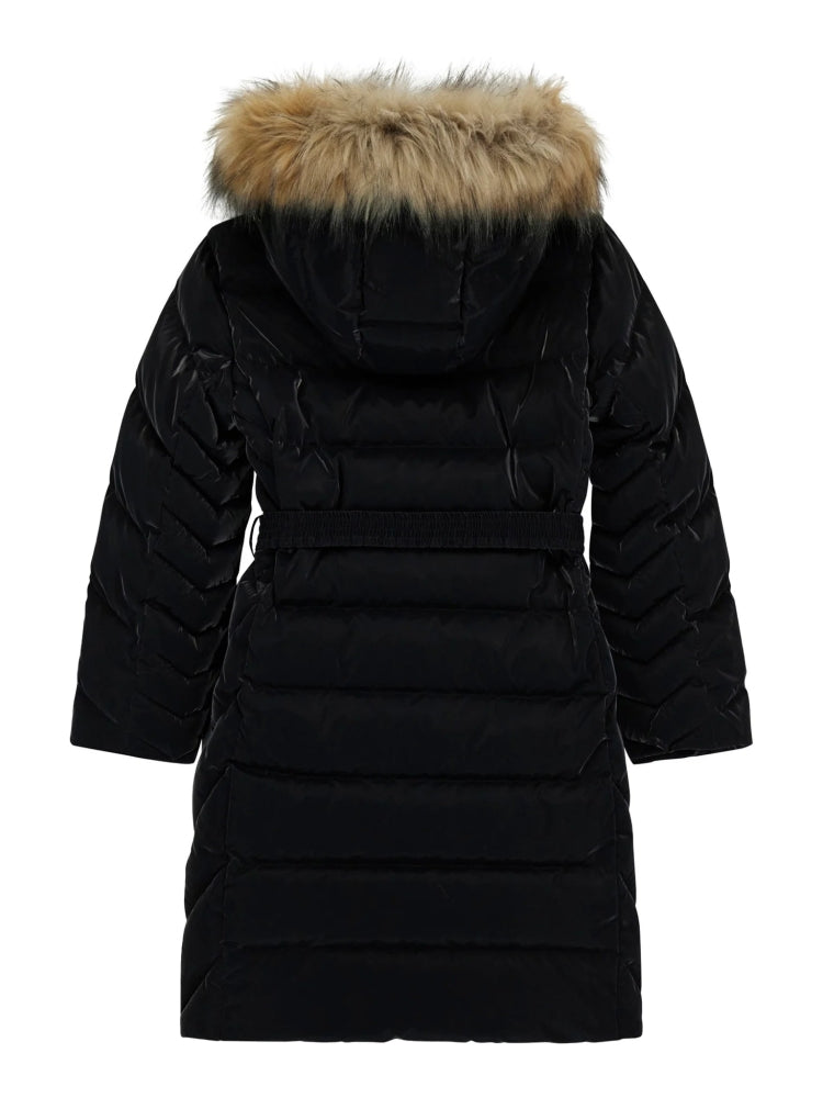 Guess giubbotto nero bambina lungo cappuccio con pelliccia cintura in vita con logo dettaglio logo