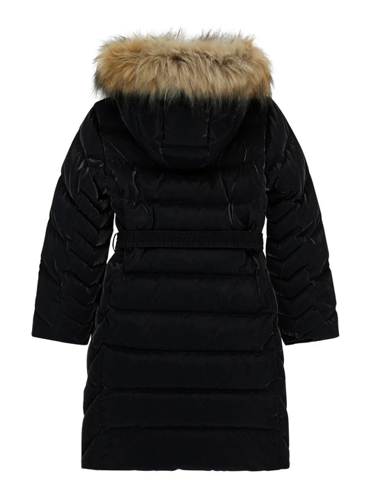 Guess giubbotto nero bambina lungo cappuccio con pelliccia cintura in vita con logo