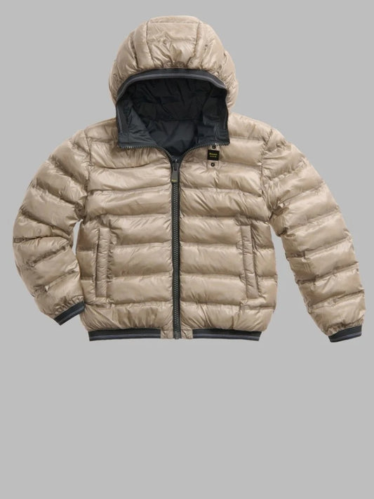 Blauer giubbotto nero bambino con cappuccio liscio logo sul braccio