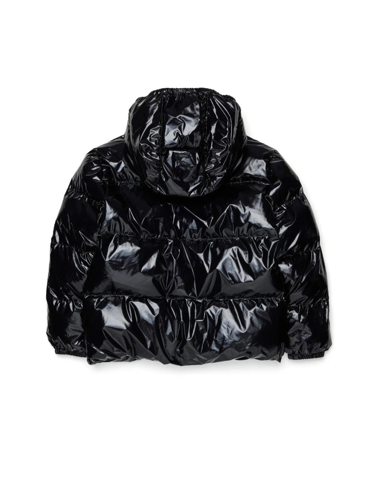 Dsquared2 giubbotto nero bambino con cappuccio lucido logo sul petto dettaglio logo