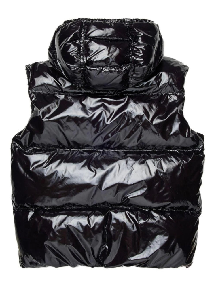 Dsquared2 giubbotto nero bambino smanicato con cappuccio lucido logo sul petto dettaglio logo