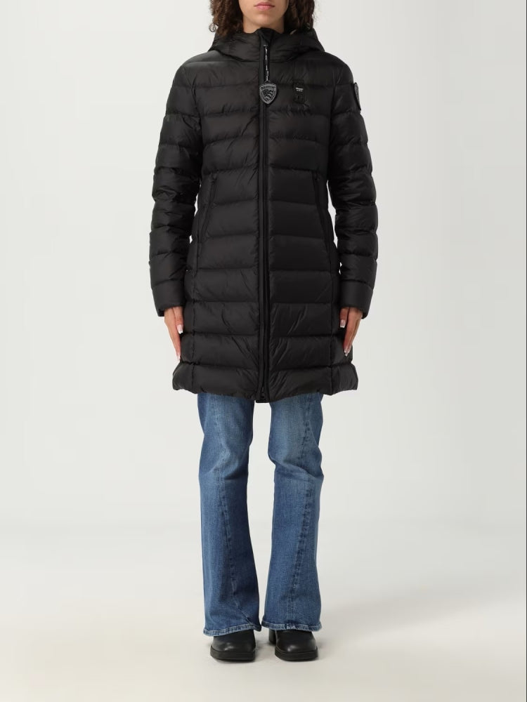 Blauer giubbotto nero donna lungo con cappuccio logo sul braccio dettaglio logo