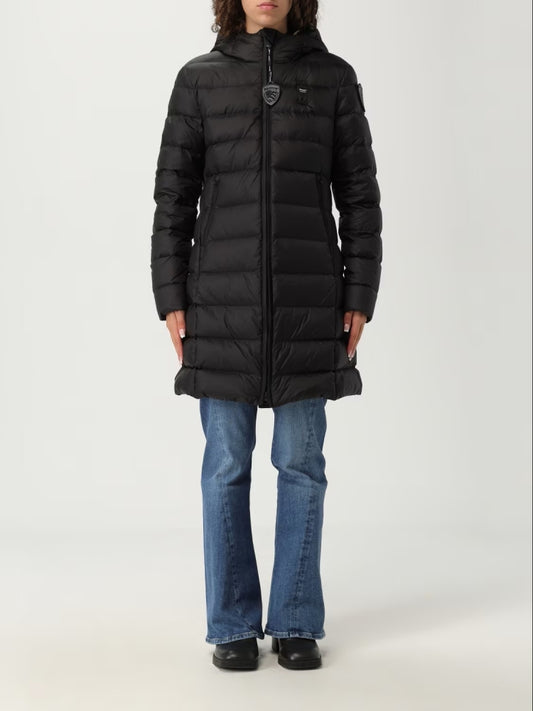 Blauer giubbotto nero donna lungo con cappuccio logo sul braccio