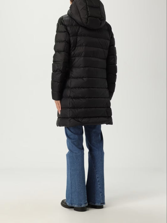 Blauer giubbotto nero donna lungo con cappuccio logo sul braccio