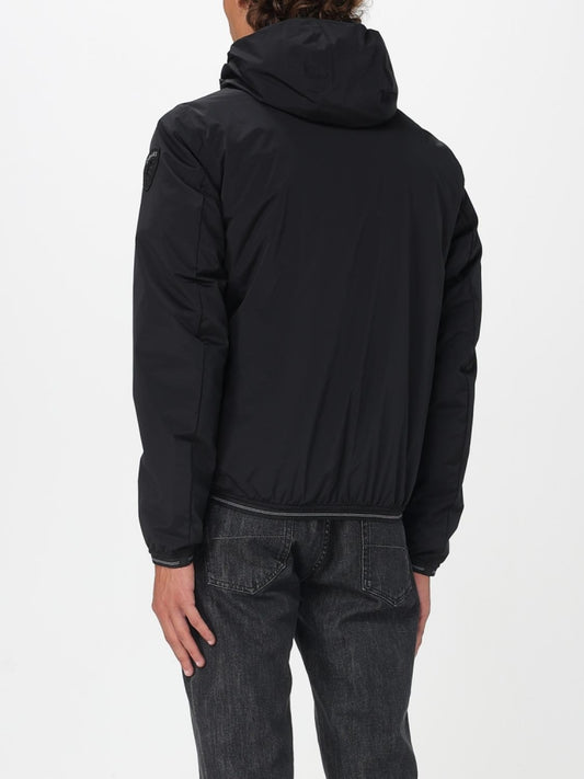 Blauer giubbotto nero uomo con cappuccio interno con pelliccia logo sul braccio