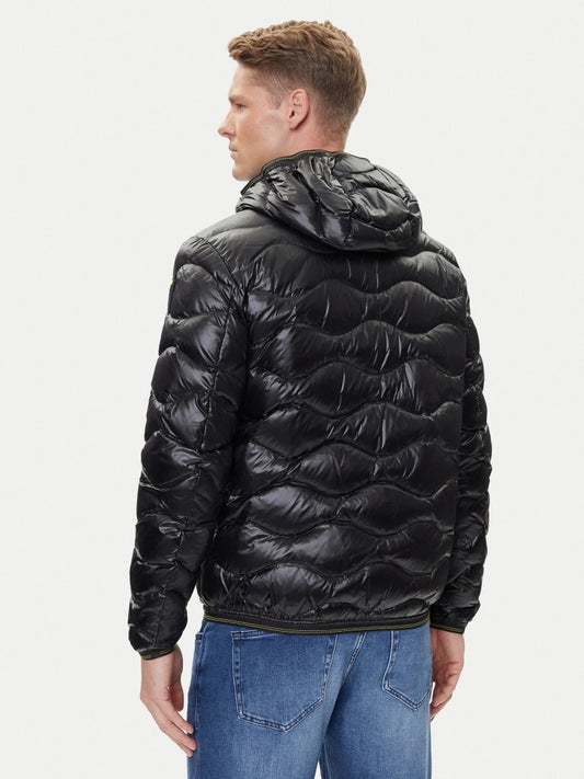 Blauer giubbotto nero uomo con cappuccio patch logo sul braccio