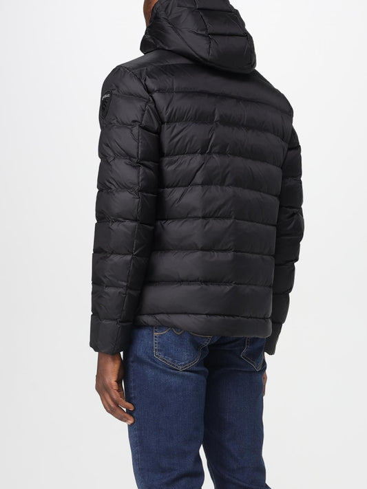 Blauer giubbotto nero uomo con cappuccio patch logo sul braccio