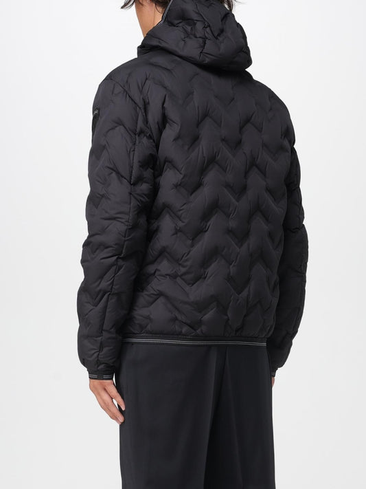 Blauer giubbotto nero uomo trapuntato con cappuccio logo sul braccio