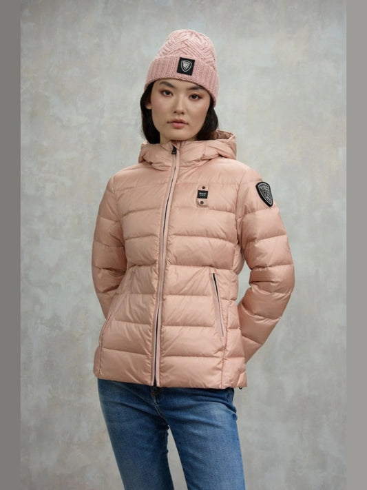 Blauer giubbotto rosa donna con cappuccio patch logo con strass sul braccio