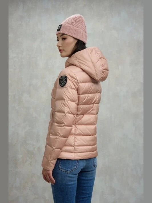 Blauer giubbotto rosa donna con cappuccio patch logo con strass sul braccio