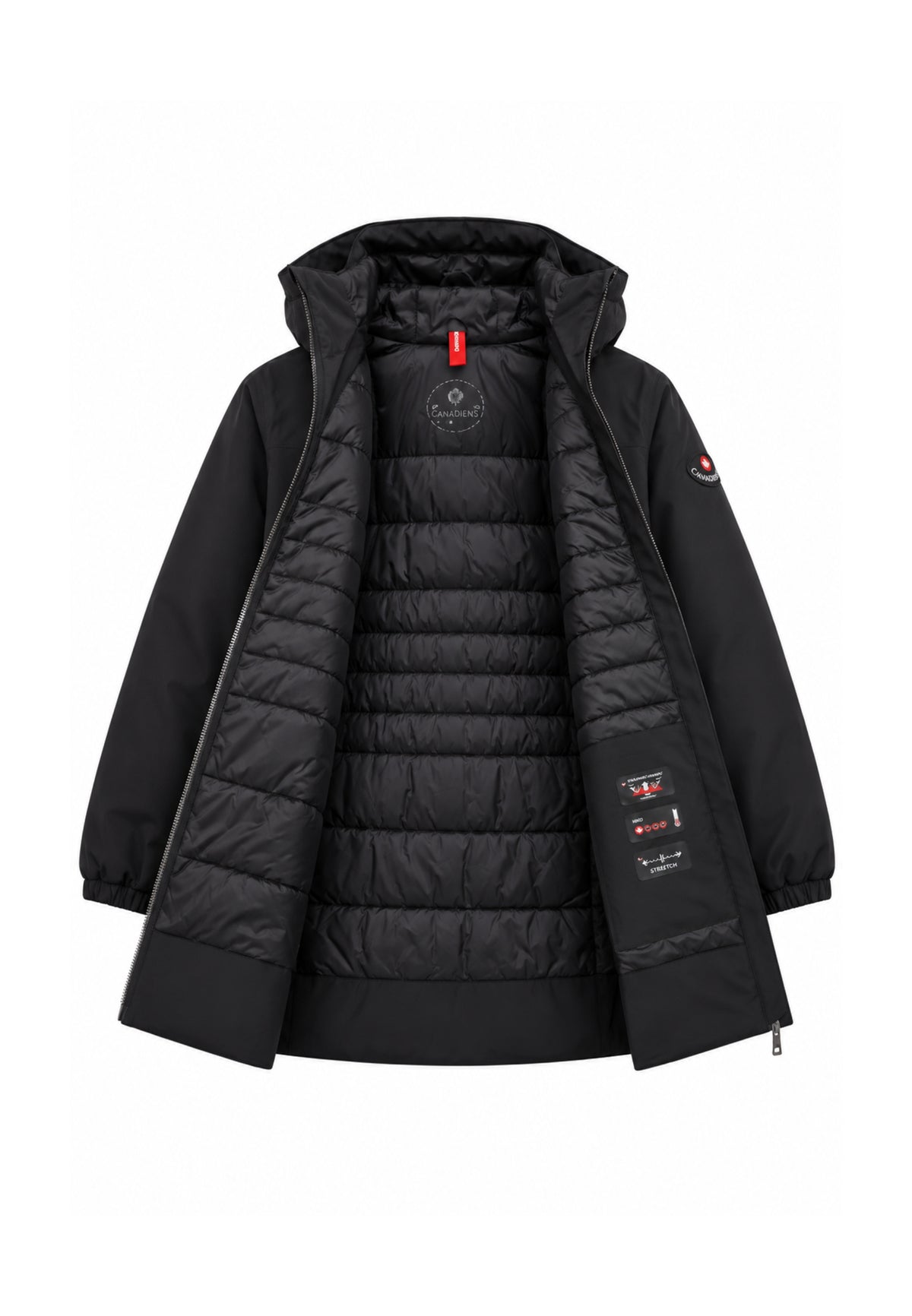 Canadiens Giubbotto nero imbottito lunghezza coscia con cappuccio Donna shari long/w.ne