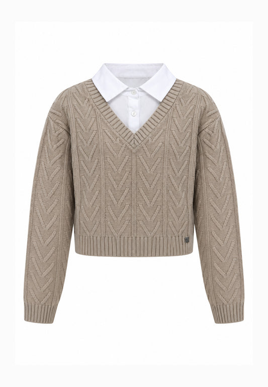 Kocca maglia BEIGE INTRECCIATA CROP CON CAMICIA Bambine e ragazze welfin.beige_