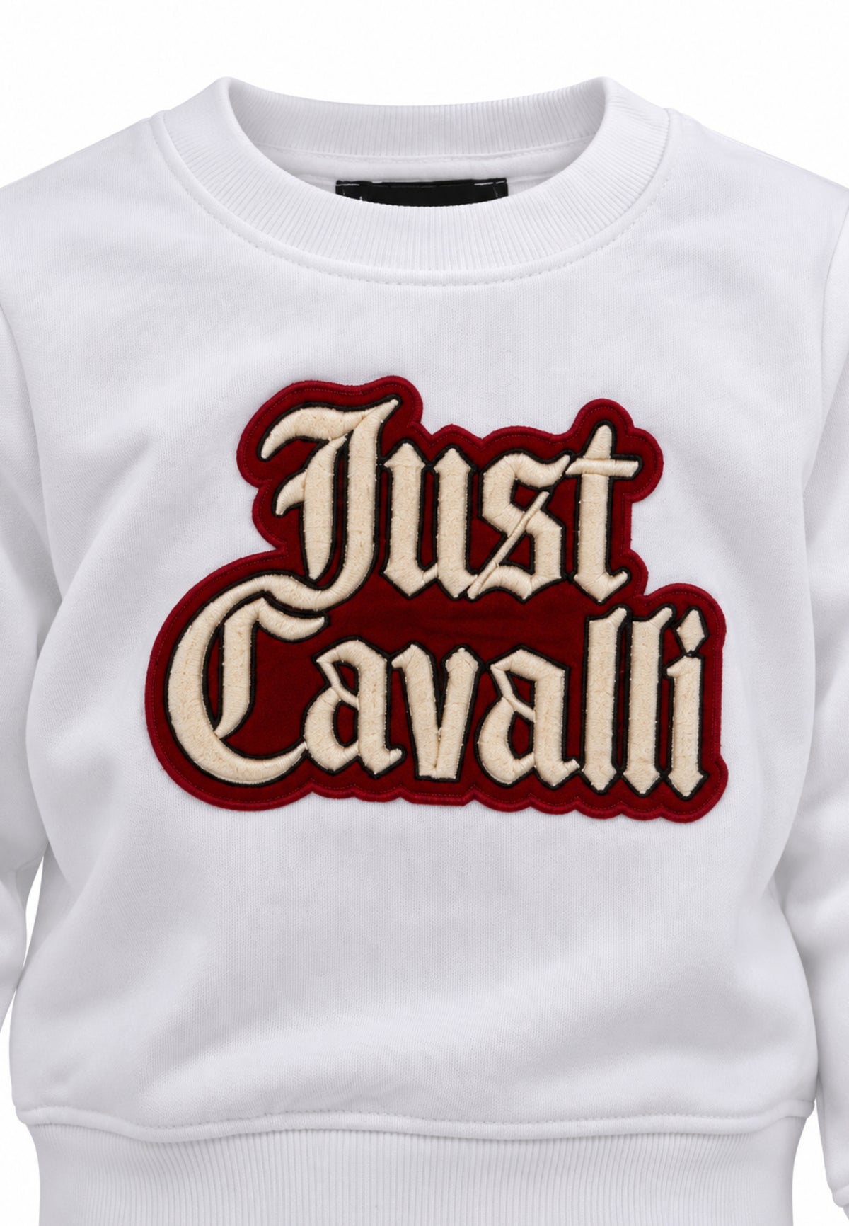 JUST CAVALLI FELPA BIANCA GIROCOLLO LOGO PATCH RICAMATO Bambini e ragazzi JBA26160FE.BIA_