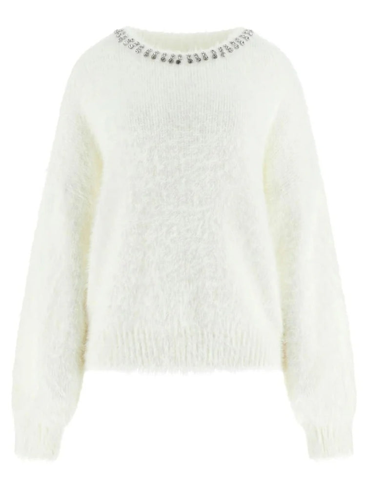 Guess maglia bianca donna in misto viscosa strass sul collo