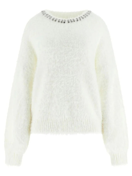 Guess maglia bianca donna in misto viscosa strass sul collo