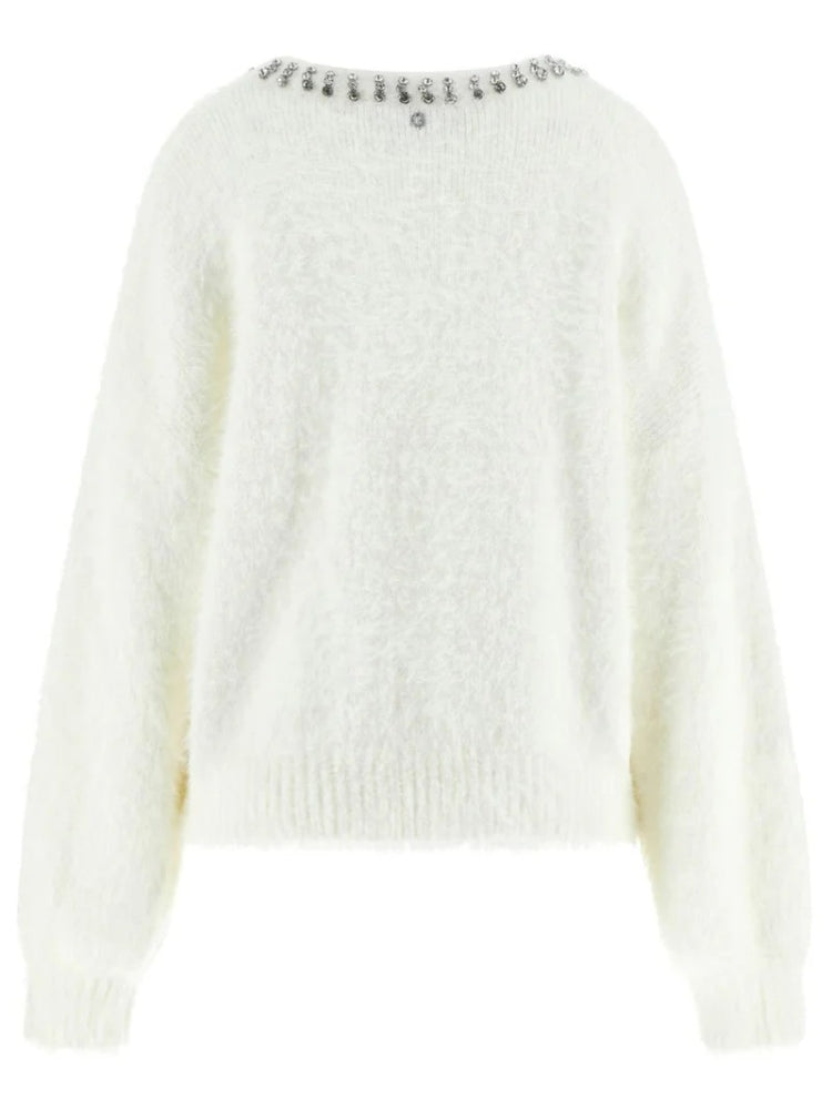 Guess maglia bianca donna in misto viscosa strass sul collo