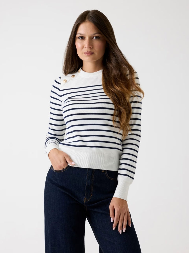 Guess maglia bianca in misto viscosa a righe bottoni con logo