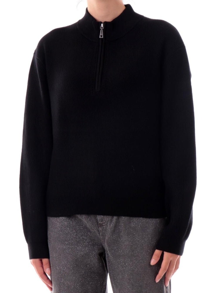 Guess maglia nera donna in misto lana chiusura zip mini logo sul fondo dettaglio logo