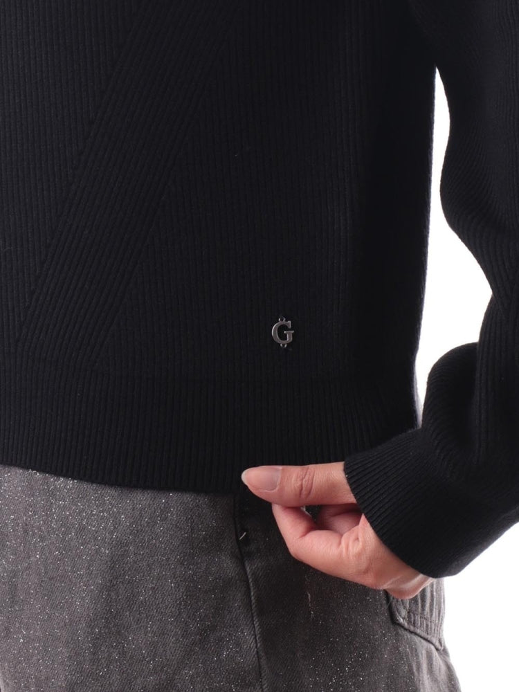 Guess maglia nera donna in misto lana chiusura zip mini logo sul fondo dettaglio logo