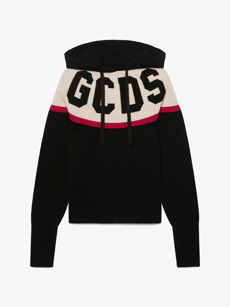 Gcds maglia nera donna in misto lana con cappuccio logo sul davanti