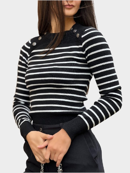 Guess maglia nera donna in misto viscosa a righe bottoni con logo