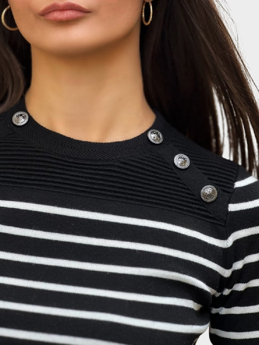 Guess maglia nera donna in misto viscosa a righe bottoni con logo