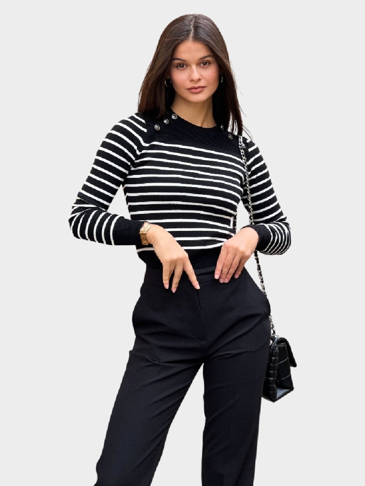 Guess maglia nera donna in misto viscosa a righe bottoni con logo dettaglio logo