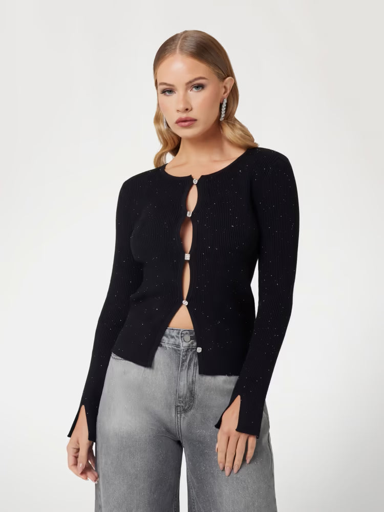 Guess maglia nera donna in misto viscosa bottoni gioiello con glitter