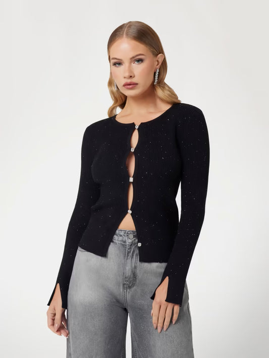 Guess maglia nera donna in misto viscosa bottoni gioiello con glitter