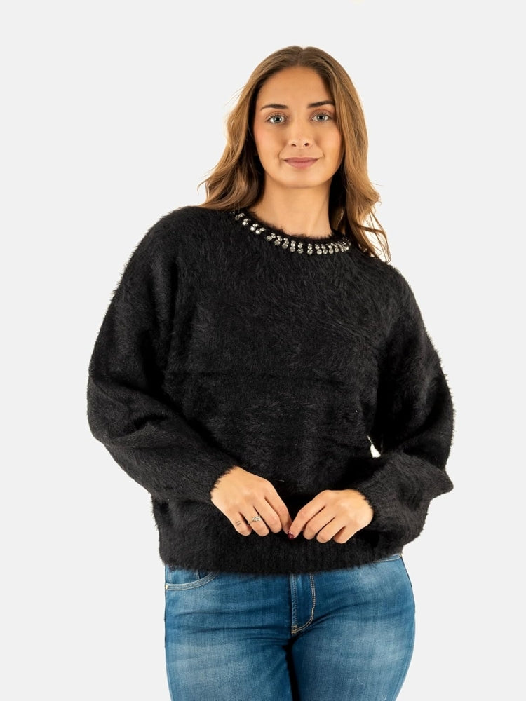 Guess maglia nera donna in misto viscosa con strass sul collo