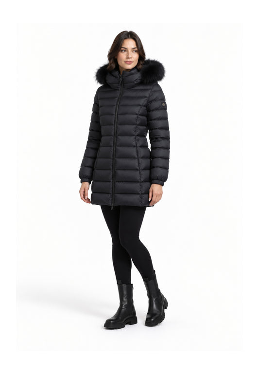 REFRIGIWEAR GIUBBOTTO NERO TRAPUNTATO CON CAPPUCCIO E PELLICCIA Donna LONG MEAD FUR JACKET.NE_