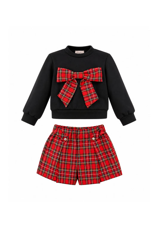 MON SAURIRE Completo nero e tartan con felpa e pantaloncino Bambine e ragazze m1415b+m1425b.ne_