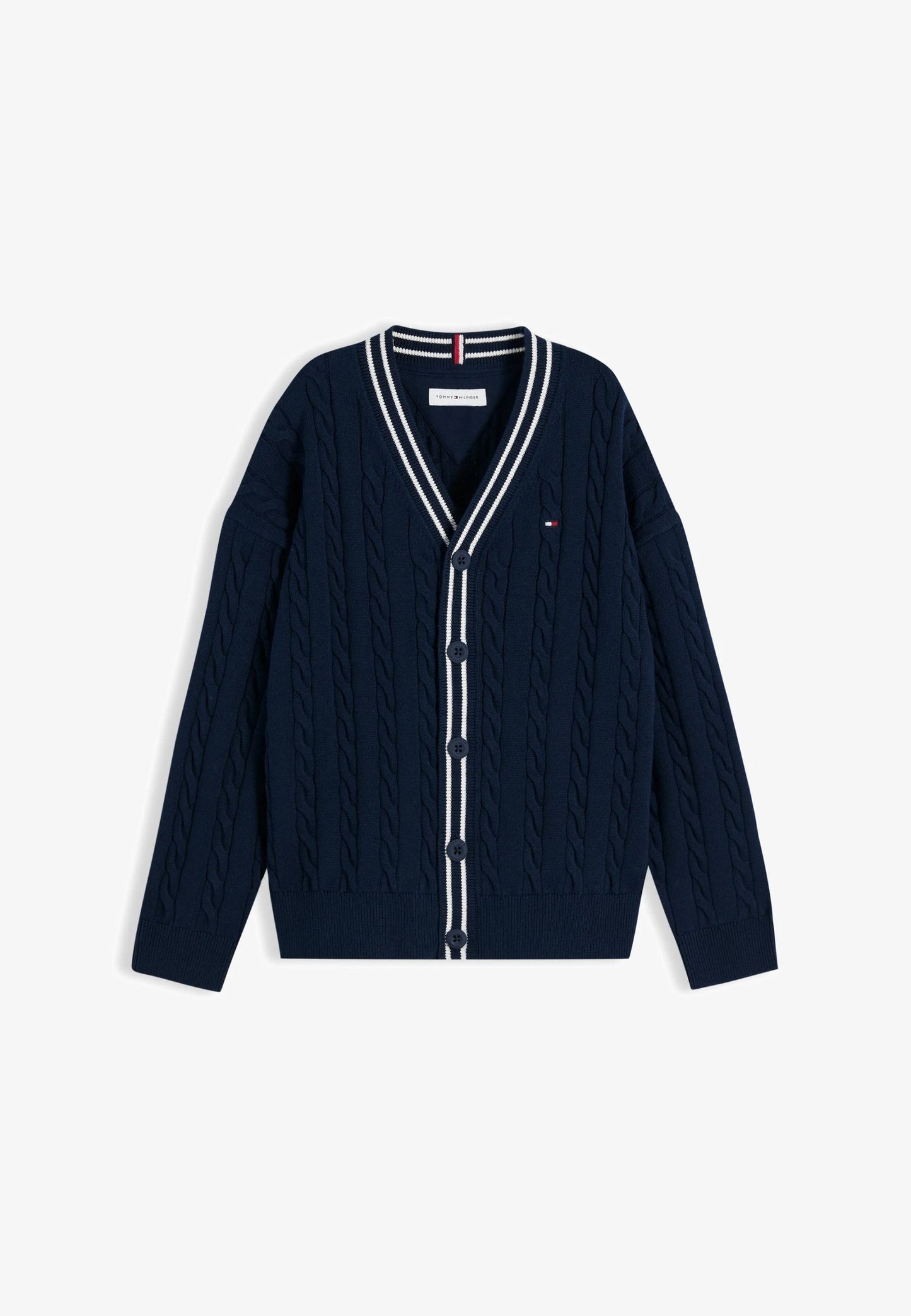 TOMMY HILFIGER CARDIGAN BLU CON SCOLLO A V E DETTAGLI BIANCHI Bambini e ragazzi KB0KB10491C1G_