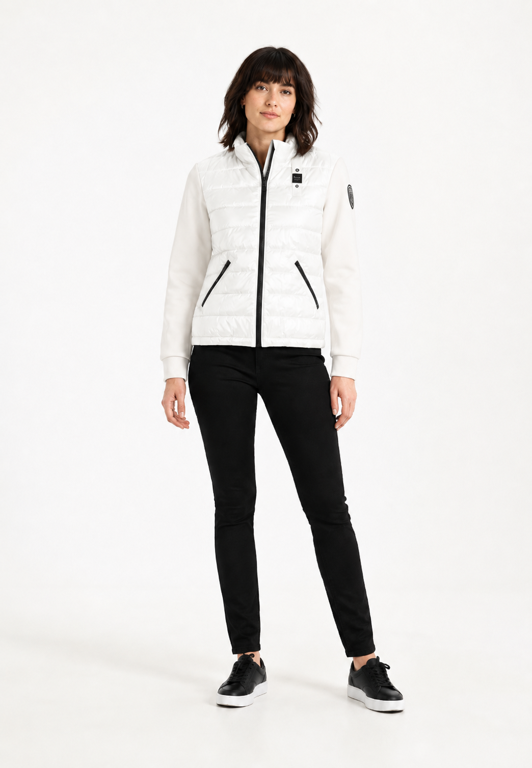 Blauer giubbotto donna haskel bianco con maniche scuba e patch logata con strass Donna