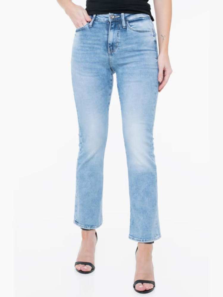 Guess pantalone in denim chiaro donna a zampa logo sul retro retro