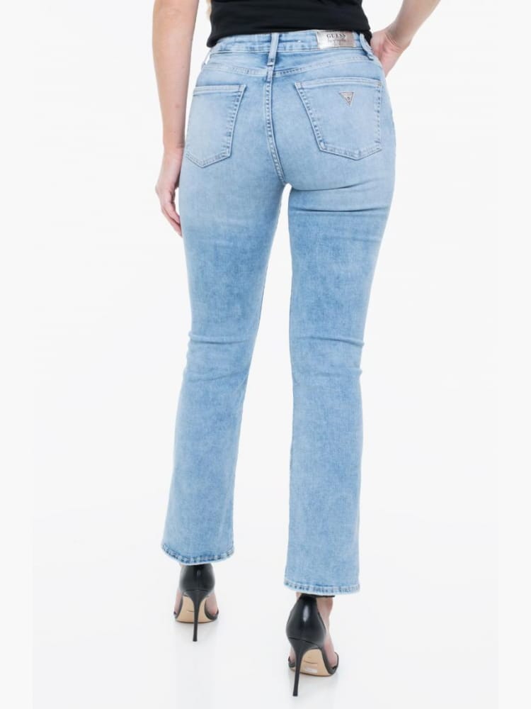 Guess pantalone in denim chiaro donna a zampa logo sul retro