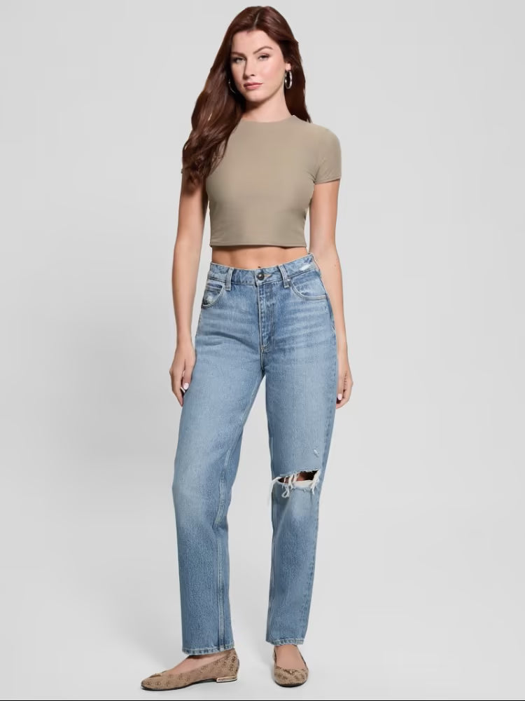 Guess pantalone in denim chiaro donna flare con strappo sul ginocchio logo sul retro retro