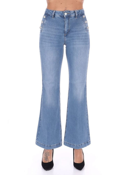 Liujo pantalone in denim chiaro donna gamba larga patch logo sul fondo