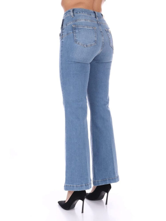 Liujo pantalone in denim chiaro donna gamba larga patch logo sul fondo