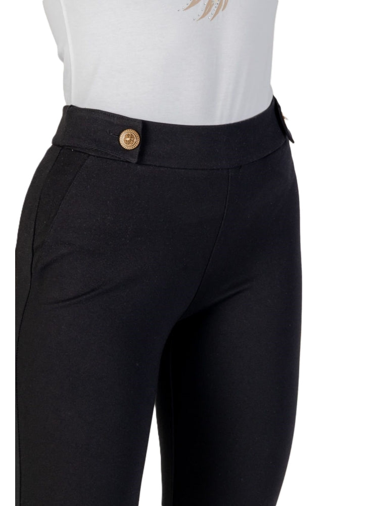 Guess pantalone nero donna in misto viscosa bottoni oro con logo dettaglio logo