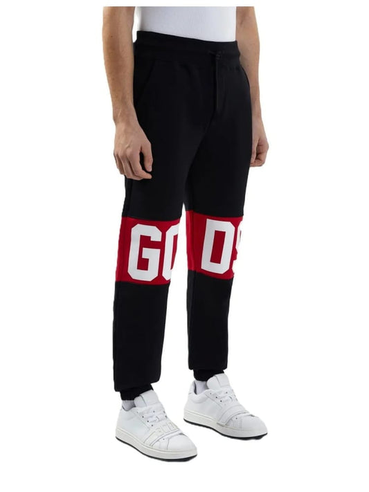 Gcds pantalone nero uomo in cotone maxi logo a contrasto unisex
